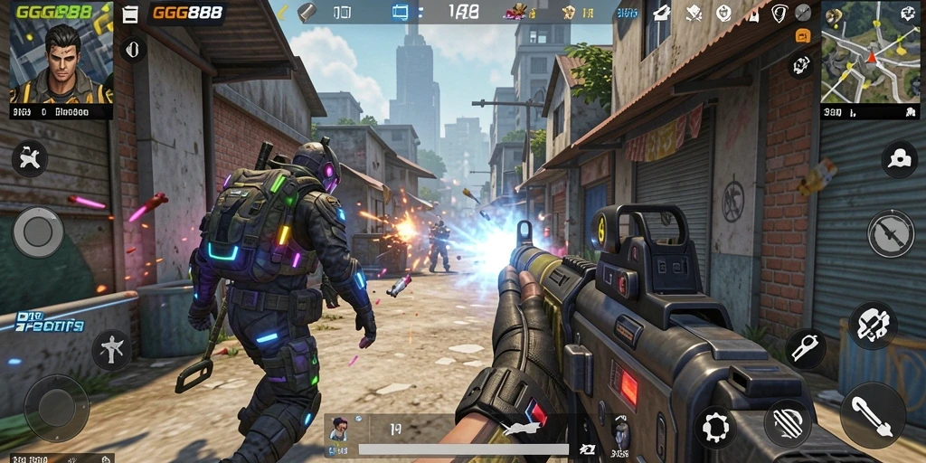 Tampilan gameplay GGG888 yang mendebarkan di dalam pertempuran TPS.