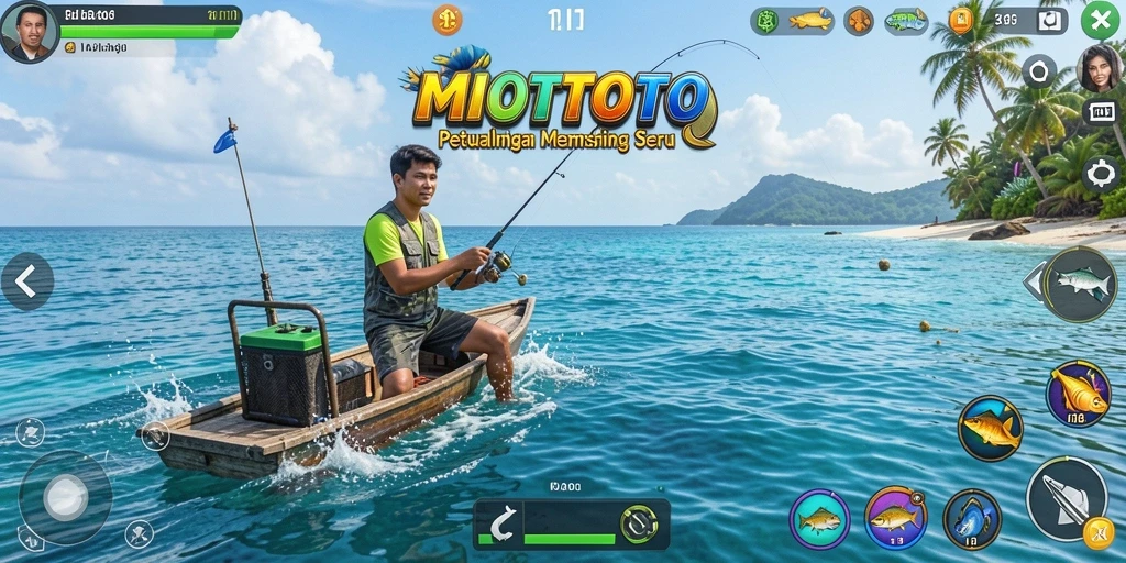 Tampilan gameplay MIOTOTO dengan momen menangkap ikan yang seru.